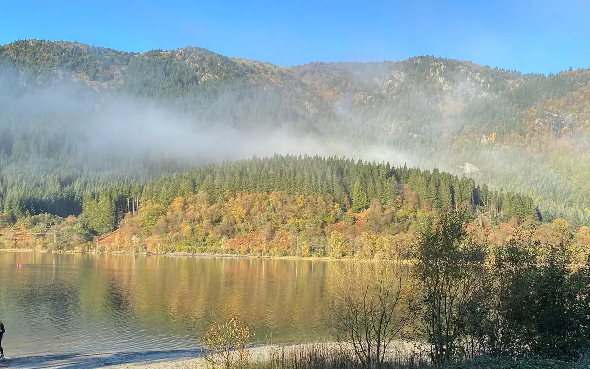 Mist lifting off a forested hillside above a still loch in autumn colours